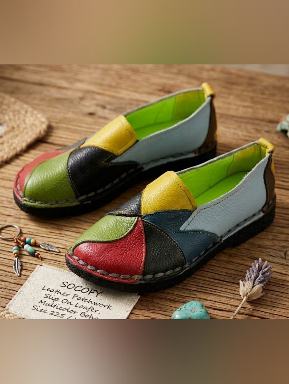SOCOFY Leather Patchwork Multicolor Slip On Loafers Size 225 / US 5.5 Boho